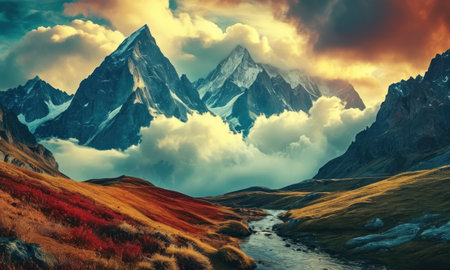 Colorful autumn landscape with snow-capped mountain peaks and streamの素材