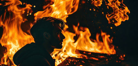 Young man in front of the fire. The concept of stress and frustration.の素材