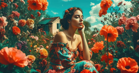 Portrait of a beautiful young woman in a field of poppiesの素材