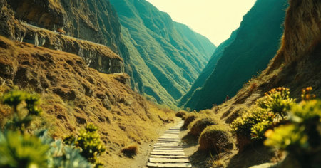 Hiking trail in the mountains of Madeira island, Portugal.の素材