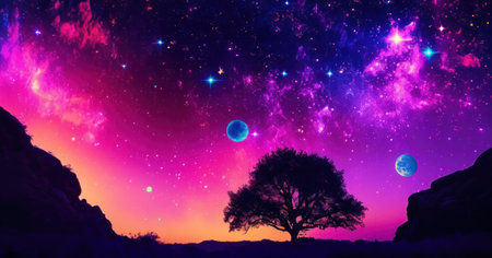 Night sky with stars and silhouette of a tree. 3d renderingの素材