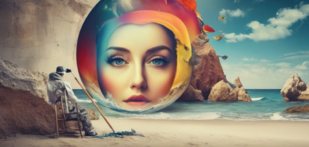 Fantasy portrait of a beautiful girl in a hat on the beachの素材