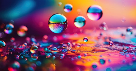 Macro shot of colorful water drops on a colorful background. Colorful abstract background.の素材