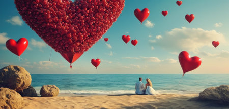 Wedding couple on the beach with red heart-shaped balloonsの素材