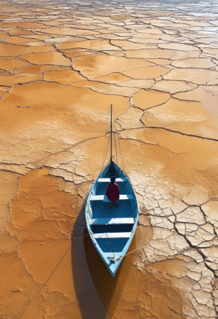 Fisherman on the boat in the arid and cracked seaの素材