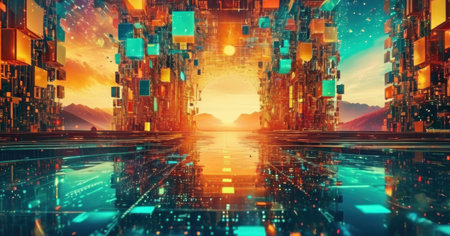 3d illustration of abstract digital city landscape with neon lights and reflectionsの素材