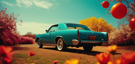 Vintage american car on the road with flowers in the backgroundの素材