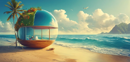 Tropical island in a glass sphere on the beach. 3d renderingの素材