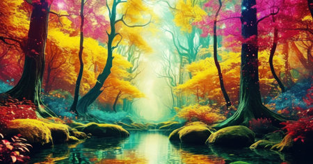 Fantasy landscape with autumn forest and river. 3D illustration.の素材