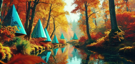 Beautiful autumn landscape in the forest with a river and boats.の素材