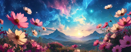 Cosmos flowers and mountains landscape. 3d illustration. Fantasy.の素材