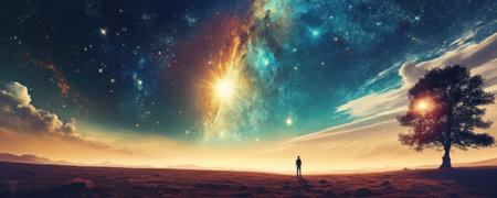 Silhouette of a man standing on a hill and looking at the milky wayの素材