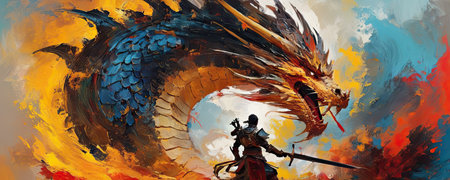 Fantasy illustration of a fantasy dragon warrior with a sword and shield.の素材