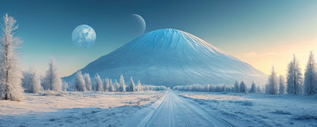 Winter landscape with snowy road and moon. Panoramic image.の素材