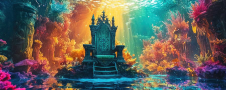 3d illustration of a fantasy underwater world with an ancient throne.の素材