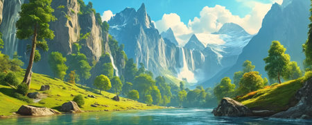 Fantastic summer landscape with mountains and river. Panorama.の素材