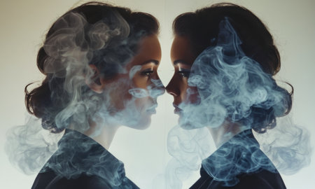 Portrait of two beautiful women with smoke on a white background.の素材