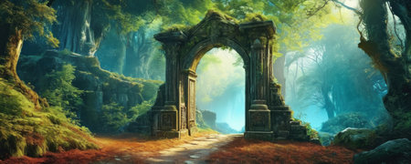 Digital composite of Fantasy landscape with stone arch and entrance to the forestの素材