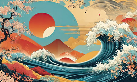 Sea wave and sunset, japanese style, vector illustration.の素材