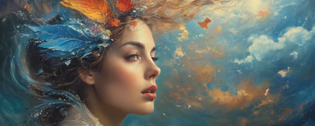 Beautiful young woman in a wreath of autumn leaves on her head.の素材