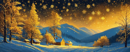 Winter landscape with snow covered trees and houses at night. Christmas background.の素材