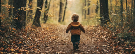 Little boy walking in the autumn forest. A child walks through the autumn forest.の素材