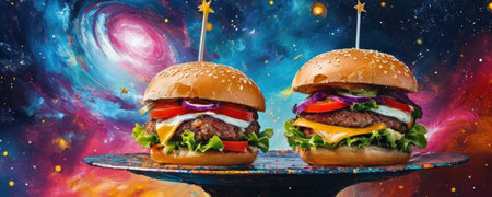Hamburgers on a multicolored background with stars and planetsの素材