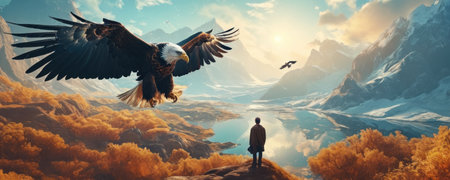 Eagle hunting for prey in the mountains. 3d illustration.の素材