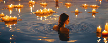 Beautiful girl in a swimming pool with candles. Spa and wellness.の素材