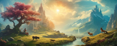 Fantasy landscape with castle and moose in the meadow.の素材