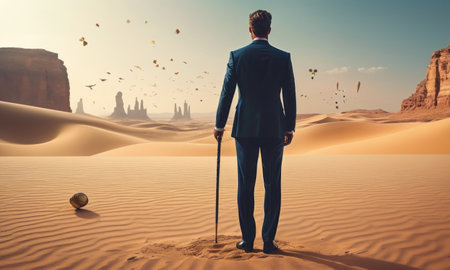 Businessman walking in the desert with golf ball. 3d renderingの素材