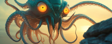 Octopus on the background of the setting sun. 3d renderingの素材