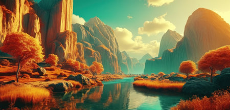 Fantasy landscape with river and mountains. 3d render illustration.の素材