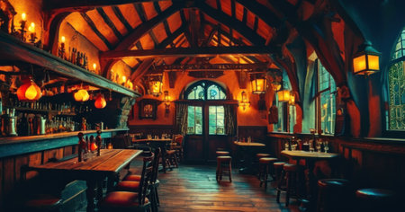 Interior of a pub with tables and chairs, vintage tonedの素材