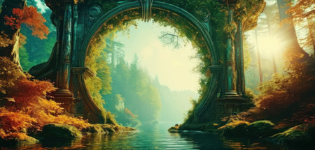 Fantasy landscape with river, arch and forest. 3D renderingの素材