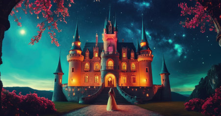 Beautiful castle at night. Fairy-tale scene. 3D renderingの素材