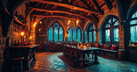 Interior of a medieval pub at night with lighted windows and tablesの素材