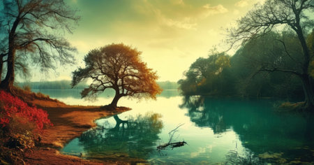 Autumn landscape with lake, trees and reflection in water at sunsetの素材