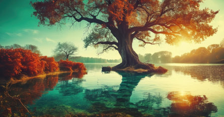 Autumn landscape with old oak tree and reflection in water. Vintage style.の素材