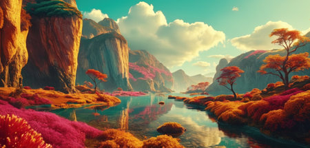 Fantasy landscape with lake and mountains. 3d render illustration.の素材