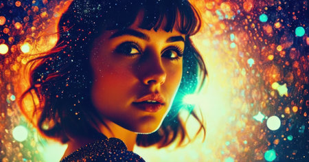 Beautiful young woman in a night club. Portrait of a girl.の素材