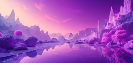 Fantasy alien planet. Mountain and lake. 3D illustration.の素材