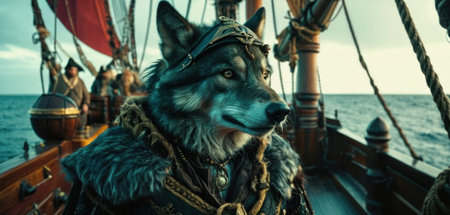 Portrait of a wolf in a pirate costume on a wooden shipの素材