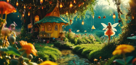Fantasy fairytale fantasy landscape. Fairy tale scene with fairy tale house and trees.の素材