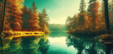 Autumn forest and lake. Panoramic view. Nature composition.の素材