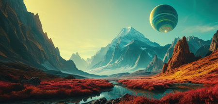 Fantasy alien planet. Mountain and lake. 3D illustration.の素材