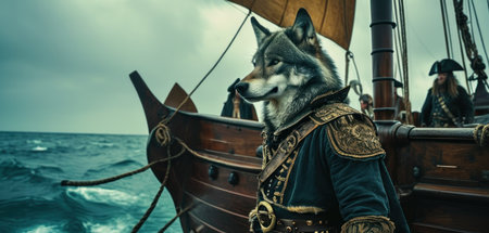 Husky dog in a pirate costume on the background of the sea.の素材