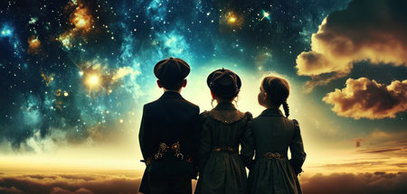 Back view of family looking at night sky with stars. Mixed mediaの素材