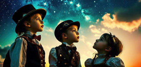 Three little boys and girls dressed up as pirates in the night skyの素材