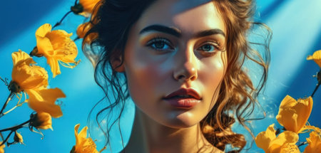 beautiful girl with yellow flowers on blue background, closeup portraitの素材